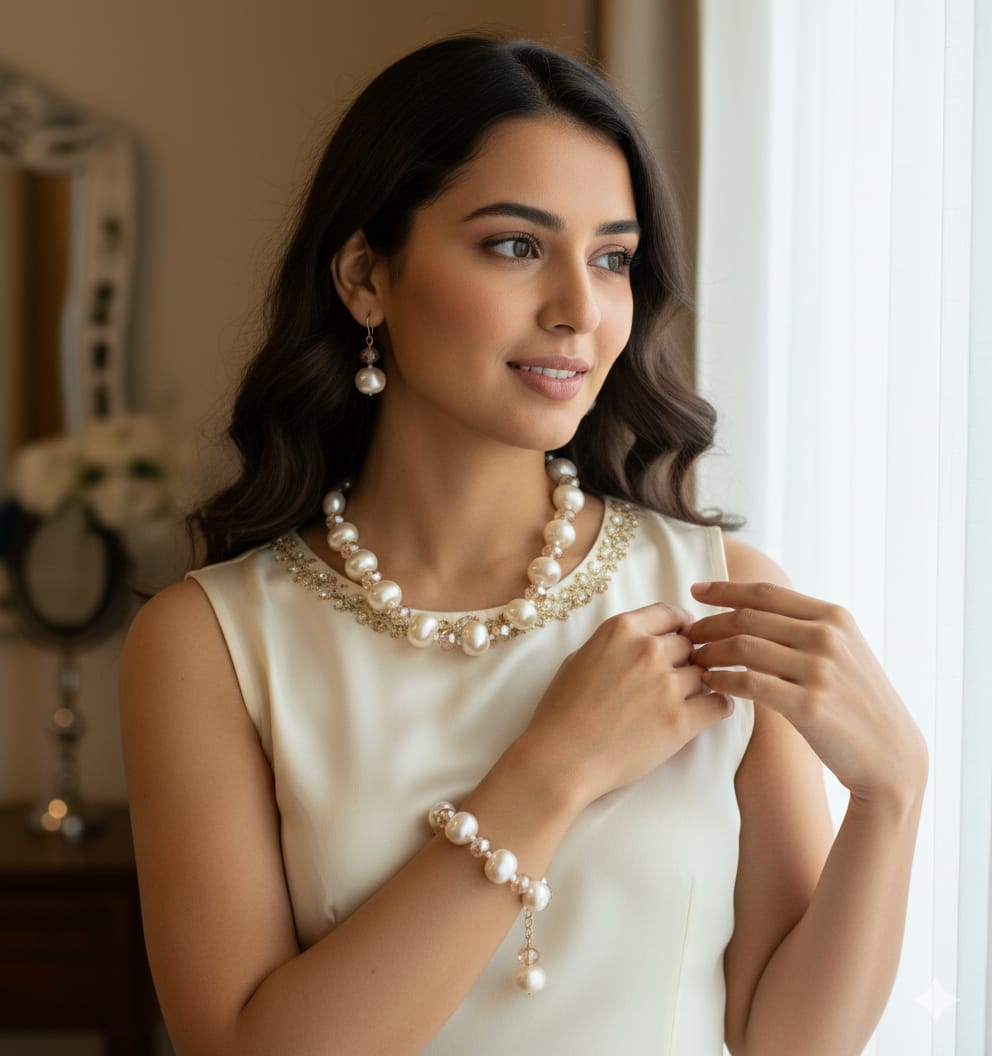 Western Pearl Mala With Tops And Bracelet Combo
